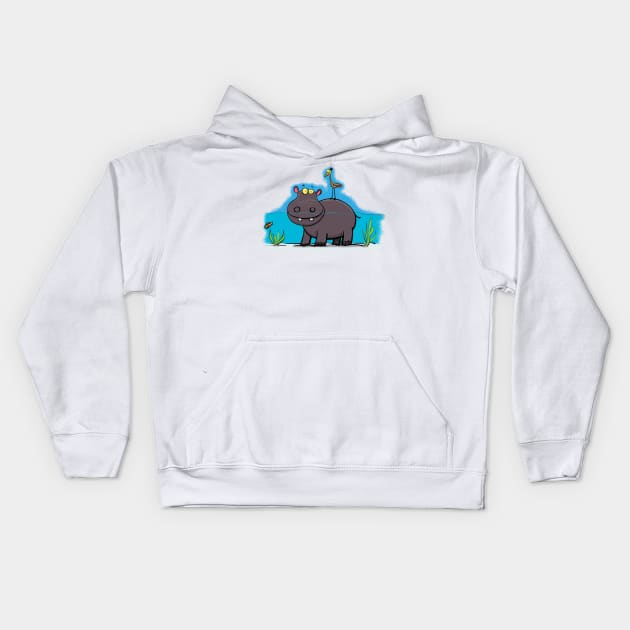 Cute hippo in the river with bird cartoon Kids Hoodie by FrogFactory